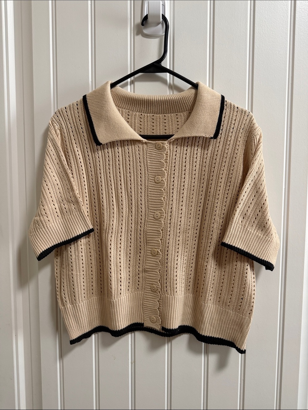 Cream Short-Sleeve Polo Cardigan with Black Trim